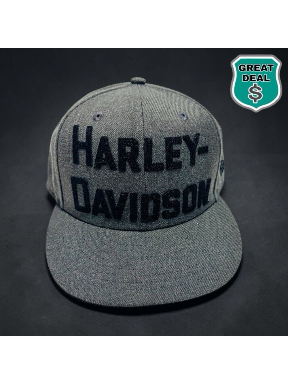 NEW ERA Harley Davidson Hat Cap Fitted 59Fifty 7 1/2 Gray Black Polyester Wool.